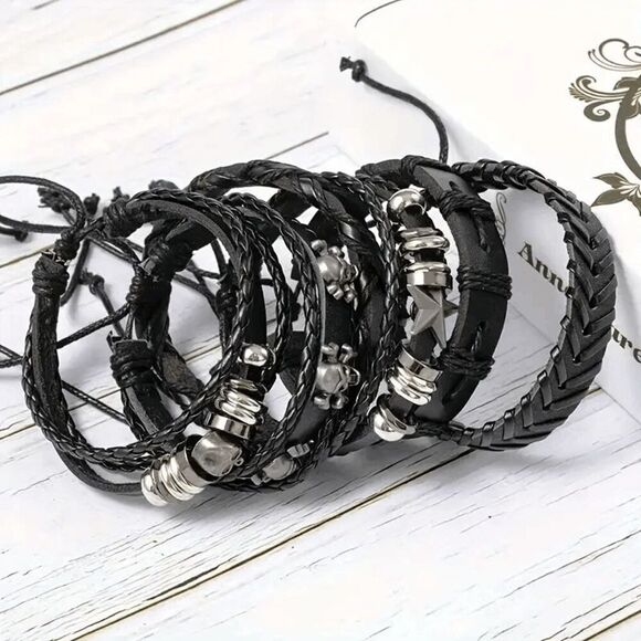 Punk Skull Star Leather Woven Bracelets - 6 Piece - Picture 4 of 6